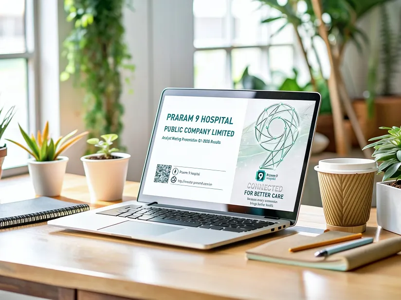 Praram 9 Hospital 1Q2026 results presentation displayed on a laptop